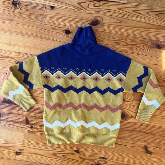 ModCloth Make Mine Cozy Fair Isle Turtleneck Sweater Yellow Blue Size S - Picture 3 of 4